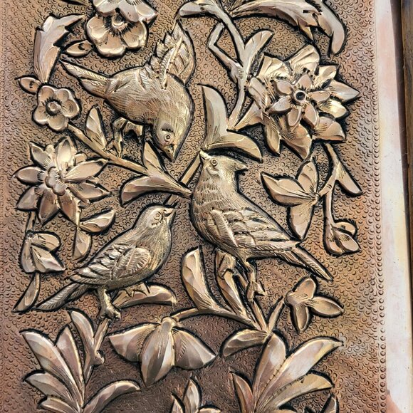 Old Persian Metalwork Handhammered with Relief Birds on Flowers in Khatam Frame - Picture 2 of 6